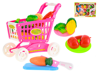 Nákupní vozík 22x27x15cm růžový se zeleninou a doplňky v krabičce