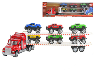 Auto přepravní 56cm na setrvačník s autem terénním 6ks 9cm na volný chod v krabičce