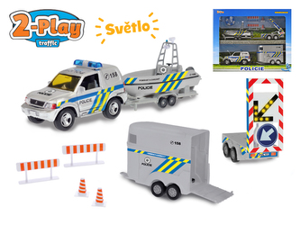 Policejní auto 13cm kov s přívěsem + 2 vozíky 2-Play na baterie v krabičce