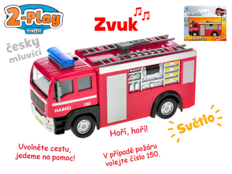 Auto hasiči 12cm kov zpětný chod na baterie česky mluvící se světlem v krabičce