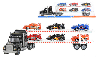 Auto přepravní 56cm na setrvačník s auty 6ks 10cm na volný chod v krabičce