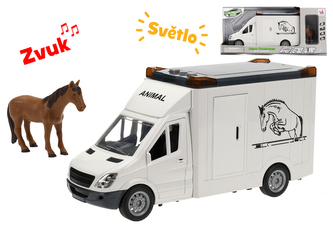 Auto přepravní 27cm na setrvačník na baterie se světlem a zvukem s koněm v krabičce