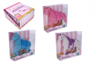 Jednorožec kůň fliška se sedlem 16cm 3 barvy v krabičce 16x17x5,5cm 12ks v boxu