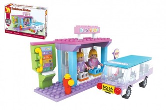 Kostky stavebnice Dromader Pohádková země pro holky autob. zastávka 125 dílků v krabičce 22x15x4,5cm