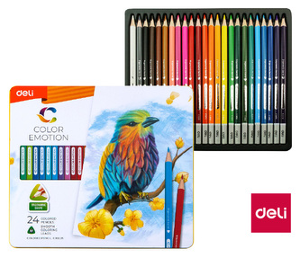 Pastelky DELI trojhranné 24 barev Color Emotion kovové pouzdro EC00225
