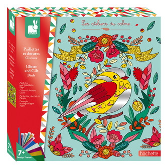 Kreativní sada Ptáčci fare písky s třpytkami a metalické papíry Janod Atelier Maxi