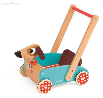 Dřevěné chodítko a vozík na tlačení Veselý pes Janod s rolničkou od 1 roku