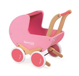 Dřevěný kočárek pro panenky Mademoiselle Janod růžový s peřinkou pro děti od 1 roku
