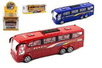 Autobus plast 25cm na setrvačník asst 3 barvy v krabici 12ks v boxu