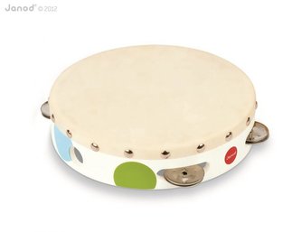 Dřevěná tamburína pro děti Confetti Janod s reálným zvukem a bubnem od 3-8 let