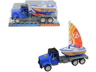 Auto na setrvačník s lodí na korbě, 10x29x8cm