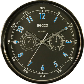 Nástěnné hodiny, chrom, 30,5 cm, hygrometer, teploměr, SECCO