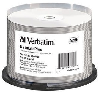 VERBATIM CD-R(50-pack) spindl, AZO 52X,700MB,WHITE WIDE THERMAL PRINTABLE SURFACE NON-ID