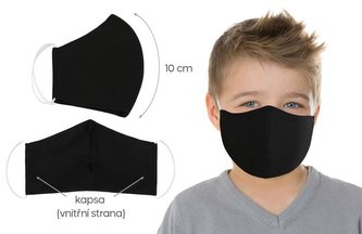 Ústní rouška dětská 4-6 let , bavlněná na gumičku s vnitřní kapsou - černá - délka oblouku 10cm