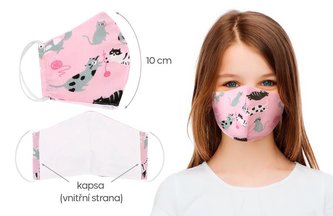 Ústní rouška dětská , dívčí 4-6 let bavlněná na gumičku s vnitřní kapsou - růžová kočka - délka oblouku 10cm