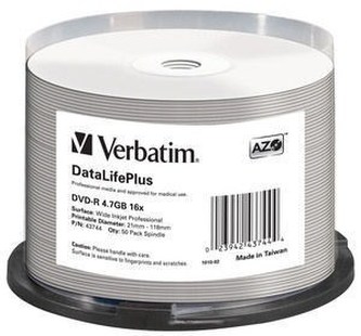 VERBATIM DVD-R(50-Pack)Spindle/Printable/16x/4.7GB/WIDE PRINTABLE SURFACE NON-ID VERBATIM DVD-R(50-Pack)Spindle/Printable/16x/4.7GB/WIDE PRINTABLE SURFACE NON-ID