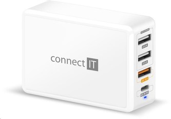 CONNECT IT Fast Charge nabíjecí adaptér 3xUSB-A + 1xUSB-C, QC, 65W PD, bílý