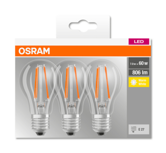 OSRAM LED BASE CL A Filament 7W 827 E27 806lm 2700K (CRI 80) 10000h A++ (Krabička 3ks)