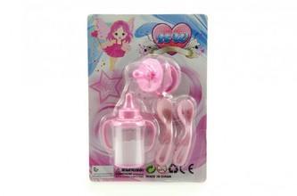 Kojenecká lahvička pro panenky s mlékem+dudlík+lžičky plast na kartě 14x20cm