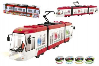 Tramvaj červená plast 43cm na baterie česky mluvící se světlem v krabici