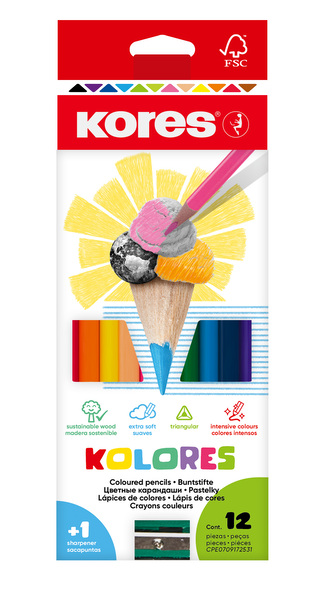 Kores Trojhranné pastelky KOLORES 3 mm  s ořezávátkem 12 barev