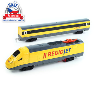 Vlak žlutý RegioJet s kolejnicemi 18ks plast se zvukem a světlem v krabici 38x43x6cm