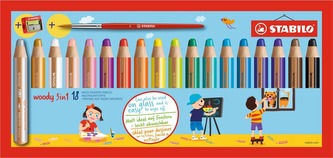 Víceúčelová pastelky "Woody", sada, 18 barev, oblé, maxi, STABILO