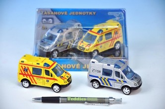 Auto zásahové jednotky ambulance/policie kov 8cm zpětný chod 2ks v krabičce