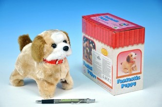 Pes salto plyš chodící 15cm na baterie v krabičce