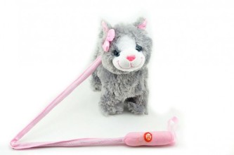 Kočka na tyčce plyš 25cm chodící na baterie se zvukem od 36 měsíců