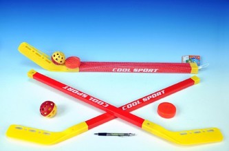 Hokejka pozemní 2ks plast 75cm + florbalový míček + puk v síťce