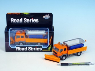 Auto kov/plast s pluhem 16cm na zpětné natažení na baterie 3xLR41 se zvukem se světlem v krabičce