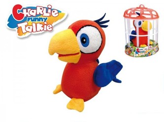 Papoušek Charlie opakující slova 15cm plyš na baterie se zvukem v kleci