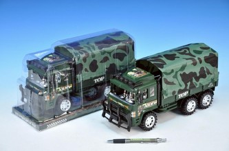 Auto vojenské nákladní plast 30cm s plachtou na setrvačník v krabici