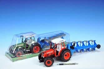 Traktor s pluhem plast 49cm na setrvačník; 2 barvy; v krabičce - 1 kus
