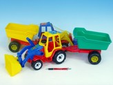 Traktor nakladač s valníkem s autíčkem plast 64cm 3 barvy v síťce