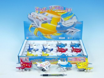 Letadlo Jumbo kov/plast 8,5cm na zpětné natažení na baterie se zvukem se světlem asst 6 druhů 12ks v