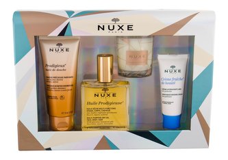NUXE Huile Prodigieuse suchý olej 100 ml + sprchový olej Prodigieux 100 ml + denní pleťová péče Creme Fraiche de Beauté 30 ml + vonná svíčka 70 g