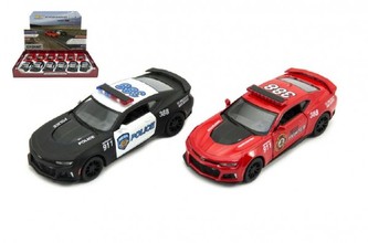 Auto Kinsmart Chevrolet Camaro policie/hasiči 12cm kov/plast 2 barvy na zpětné natažení 12ks v boxu
