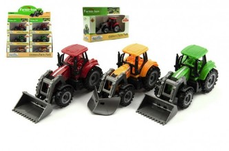 Traktor s radlicí a nakladačem kov/plast 12cm 3 druhy v krabičce volný chod - 1 kus