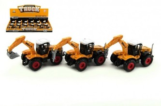 Traktor stavební kov/plast 15cm asst na zpětné natažení  12ks v boxu