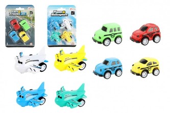 Auto/letadlo  mini 4 ks plast 5cm na zpětné natažení na kartě