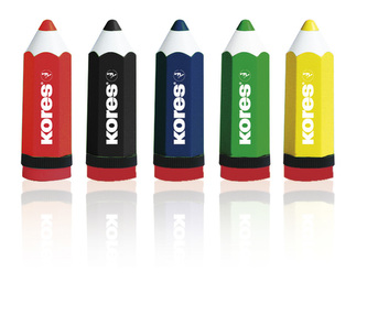 KOLORITOS, jednoduché plastové ořezávátko ve tvaru tužky se zásobníkem, barevný mix