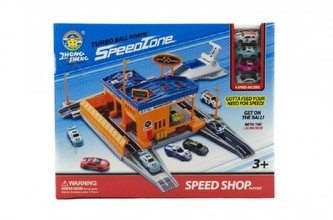 Garáž s autíčky 4ks + doplňky plast v krabici 32,5x26x9cm