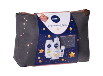 Nivea Q10 Energy+ tělové mléko 400 ml + sprchový krém Care & Star Fruit 250 ml + antiperspirant roll-on Stress-Protect 50 ml + kosmetická taštička