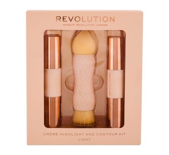 Makeup Revolution London Creme Highlight And Contour konturovací tyčinka 3,5g + rozjasňovač 3,5g + 1ks houbička a štětec 2v1