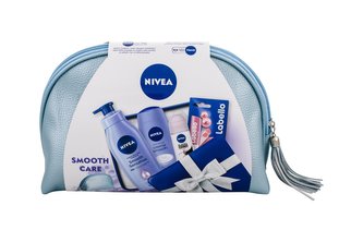 Nivea Creme Smooth sprchový gel 250 ml + antiperspirant Invisible Black & White Clear 50 ml + tělové mléko 400 ml + Labello Pearly Shine 4,8 g + kosmetická taška