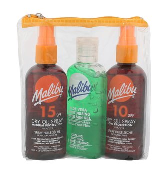 Malibu Dry Oil Spray suchý olej na opalování SPF15 100 ml + suchý olej na opalování SPF10 100 ml + gel po opalování Aloe Vera 100 ml