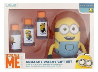 Minions Body Wash sprchový gel 50 ml + šampon 2 v 1 50 ml + pěna do koupele 50 ml + hračka do vody Squashy Washy 1 ks