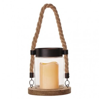 LED dekorace – lucerna sklo a dřevo, 3× AAA, vintage